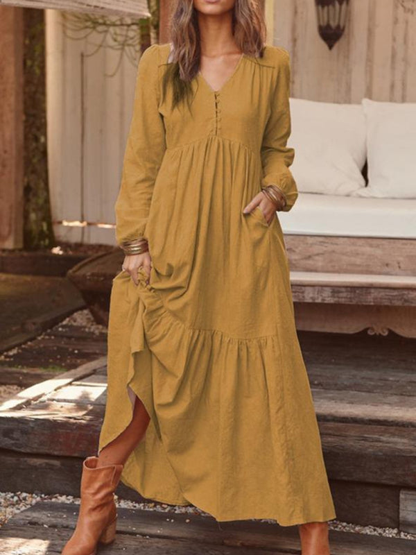long sleeve cotton swing dress Handmade Linen Wrap Midi Dress Vintage V-Neck Swing Style Green / Custom order