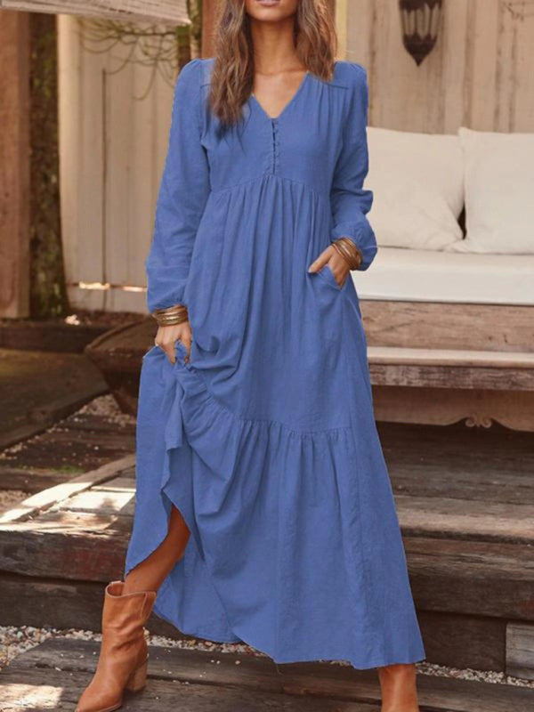 Blue Zone Planet |  Women's Button Cotton Linen Retro Casual Long Sleeve Big Swing Dress kakaclo