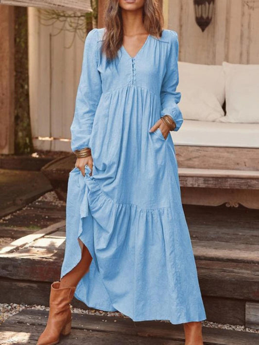 Blue Zone Planet |  Women's Button Cotton Linen Retro Casual Long Sleeve Big Swing Dress kakaclo
