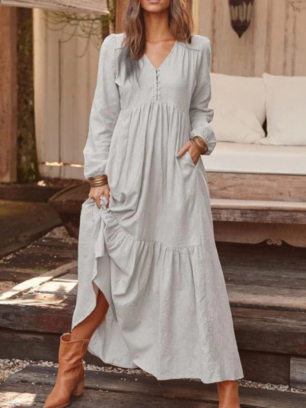 long sleeve cotton swing dress Women's Cotton Linen Pleated Long A-line Swing Dress with Pockets, White,  Small