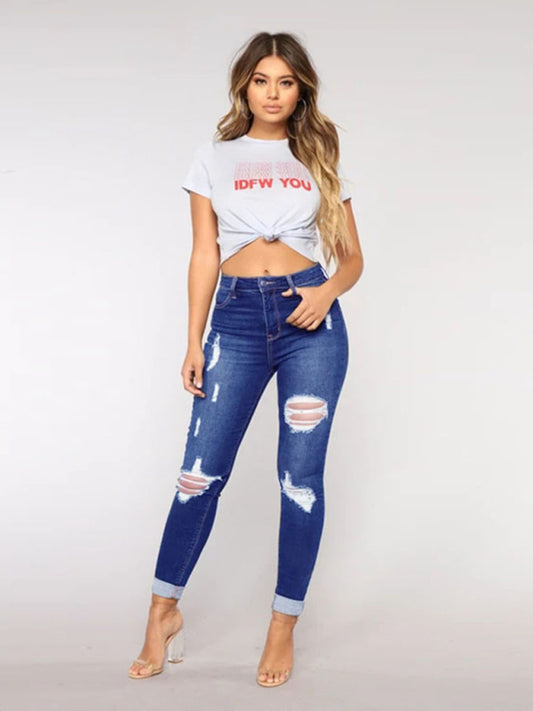 Women's trendy fashion ripped washed jeans-[Adult]-[Female]-Blue-S-2022 Online Blue Zone Planet