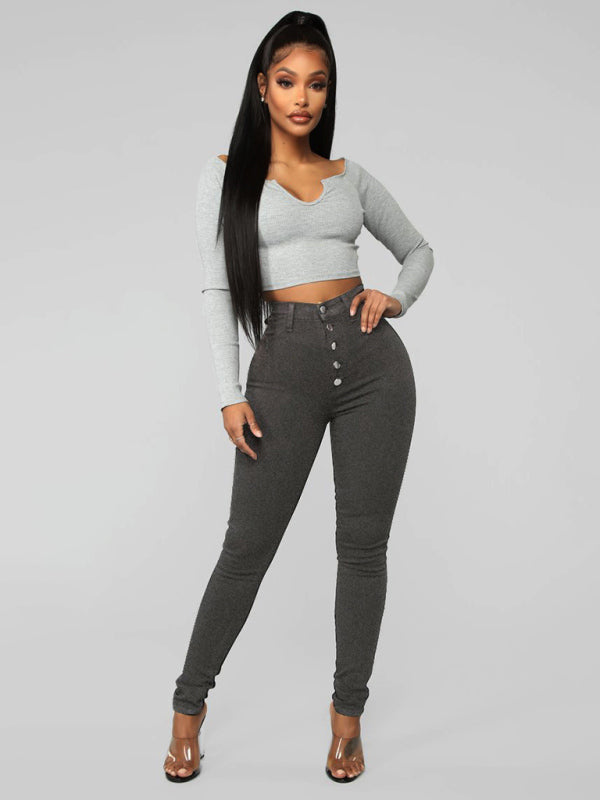 Blue Zone Planet | High Waist Stretchy Tight Bottom Lift Jeans-BOTTOM SIZES SMALL MEDIUM LARGE-[Adult]-[Female]-Grey-S-2022 Online Blue Zone Planet