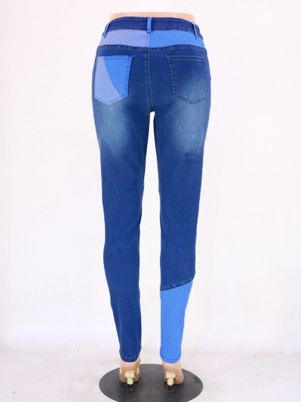Two-color Stitching Street Wash High Waist Skinny Jeans-BOTTOM SIZES SMALL MEDIUM LARGE-[Adult]-[Female]-Blue-S-2022 Online Blue Zone Planet
