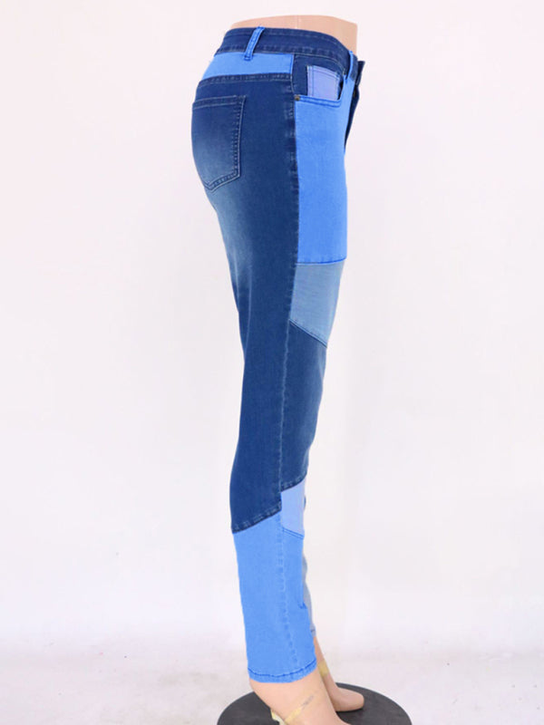 Two-color Stitching Street Wash High Waist Skinny Jeans-BOTTOM SIZES SMALL MEDIUM LARGE-[Adult]-[Female]-2022 Online Blue Zone Planet