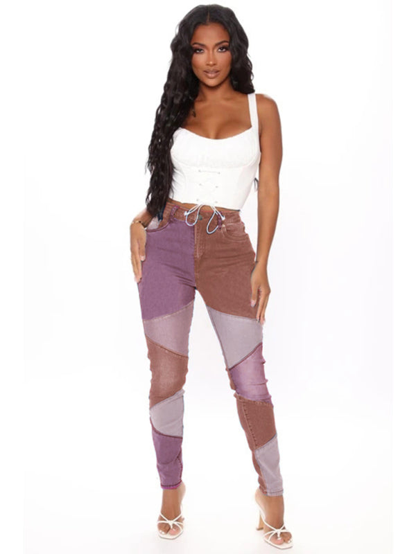 Two-color Stitching Street Wash High Waist Skinny Jeans-BOTTOM SIZES SMALL MEDIUM LARGE-[Adult]-[Female]-Purple-S-2022 Online Blue Zone Planet
