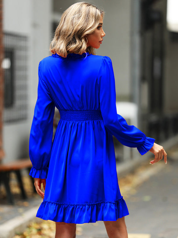 woven V-neck ruffled high-waisted long-sleeved dress BLUE ZONE PLANET