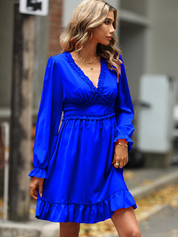 woven V-neck ruffled high-waisted long-sleeved dress BLUE ZONE PLANET