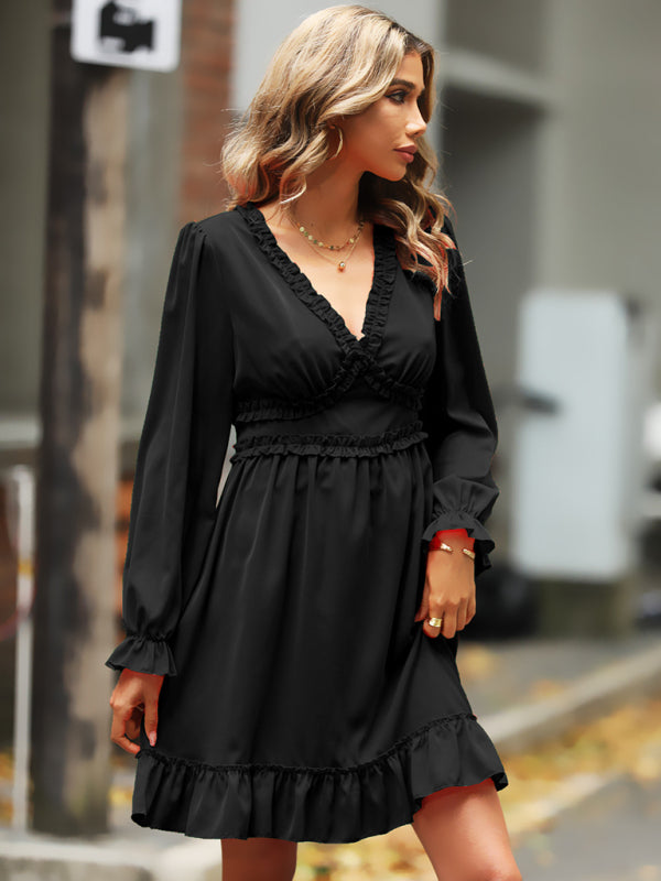 woven V-neck ruffled high-waisted long-sleeved dress BLUE ZONE PLANET