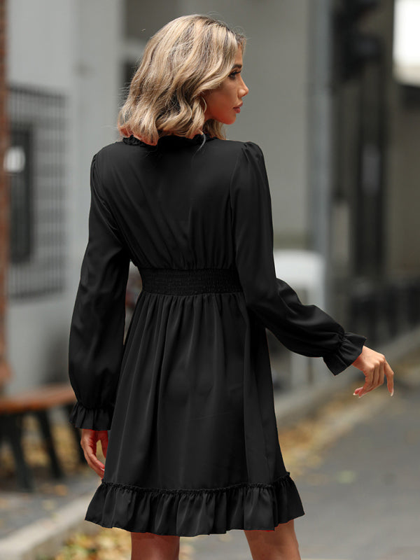 woven V-neck ruffled high-waisted long-sleeved dress BLUE ZONE PLANET