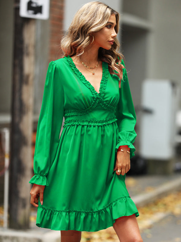 woven V-neck ruffled high-waisted long-sleeved dress BLUE ZONE PLANET