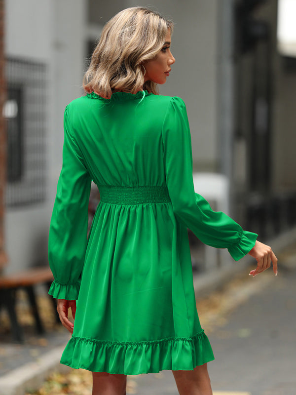 woven V-neck ruffled high-waisted long-sleeved dress BLUE ZONE PLANET