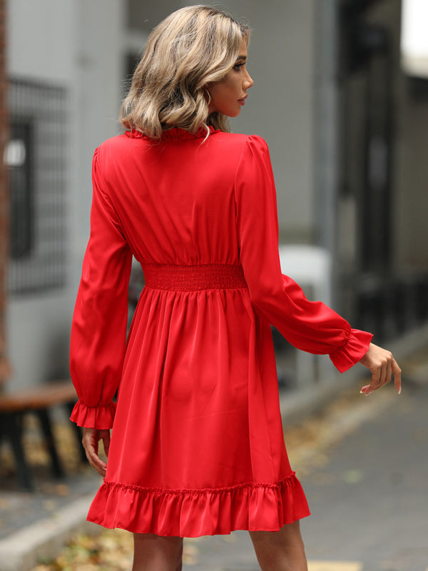woven V-neck ruffled high-waisted long-sleeved dress BLUE ZONE PLANET