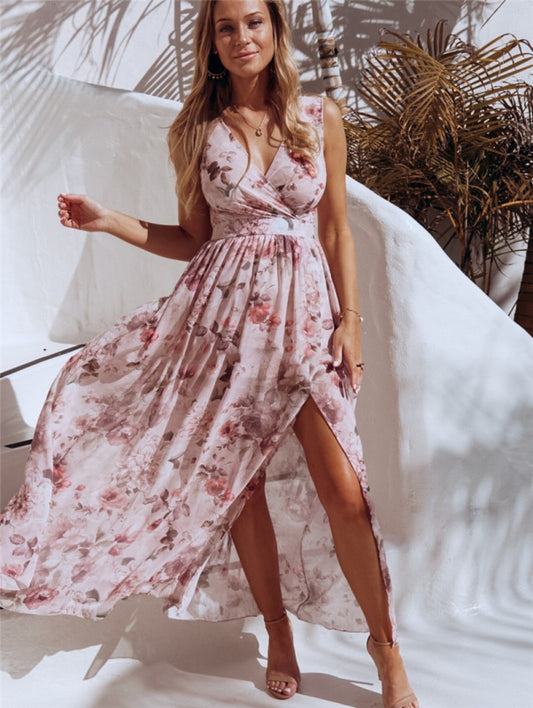 Elegant Floral Print Chiffon Dress Sleeveless Vacation Beach Slit Maxi Dress kakaclo