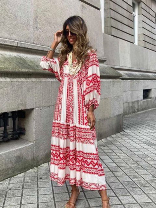 Ava's Geometric Collage Puff Sleeve Street Holiday Dress-TOPS / DRESSES-[Adult]-[Female]-Wine Red-S-2022 Online Blue Zone Planet