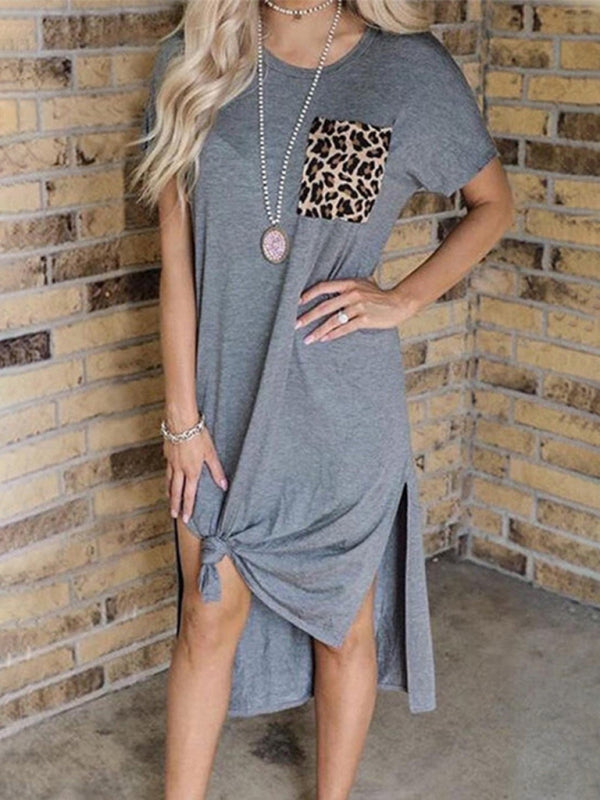 New style leopard print pocket splicing short-sleeved slit casual retro dress women's clothing kakaclo