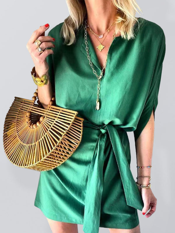 Blue Zone Planet |  Solid Color Half Sleeve Tie Dress BLUE ZONE PLANET
