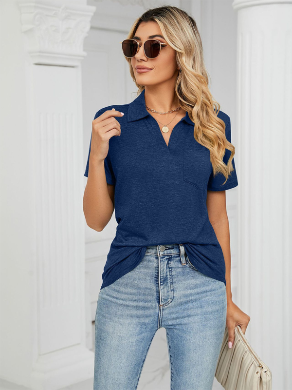 Blue Zone Planet |  solid color short-sleeved lapel pocket loose polo t-shirt BLUE ZONE PLANET
