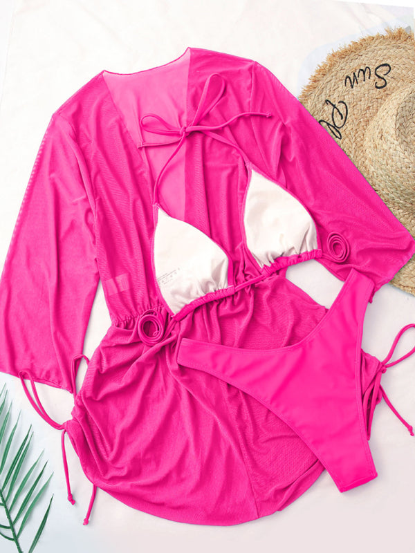 Blue Zone Planet |  Solid Color Lace Up High Waist Bikini Three-Piece Set BLUE ZONE PLANET