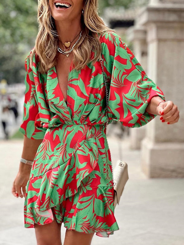 Blue Zone Planet |  Women's Printed Deep V Puff Sleeves Elegant Lotus Leaf Dress kakaclo