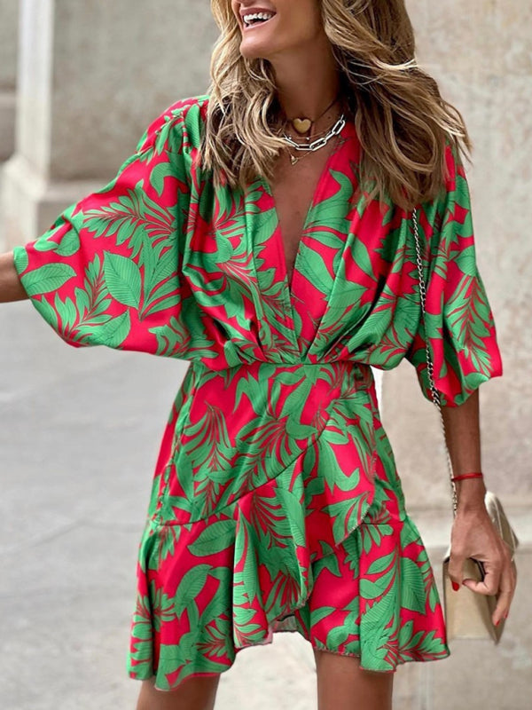 Blue Zone Planet |  Women's Printed Deep V Puff Sleeves Elegant Lotus Leaf Dress kakaclo