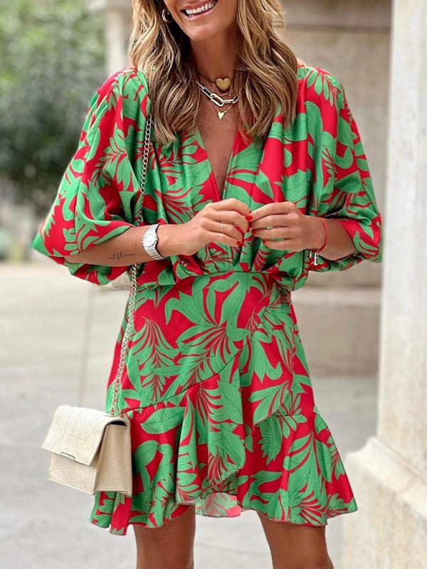 Blue Zone Planet |  Women's Printed Deep V Puff Sleeves Elegant Lotus Leaf Dress kakaclo