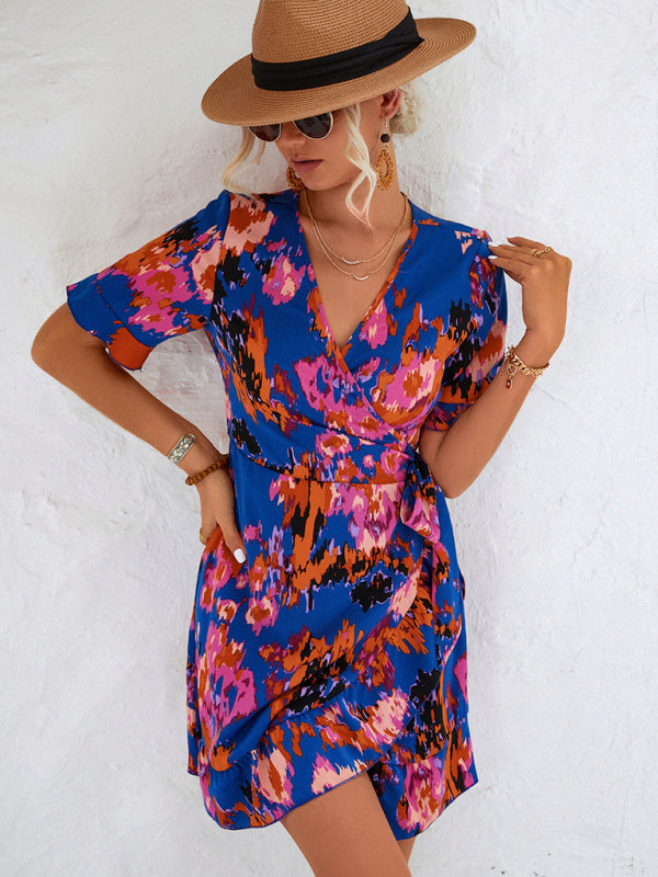 Blue Zone Planet |  Lily's Woven V-Neck Ruffle Wrap Short Sleeve Dress BLUE ZONE PLANET