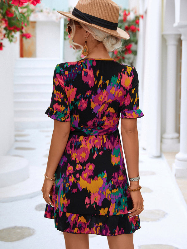 Blue Zone Planet |  Lily's Woven V-Neck Ruffle Wrap Short Sleeve Dress BLUE ZONE PLANET