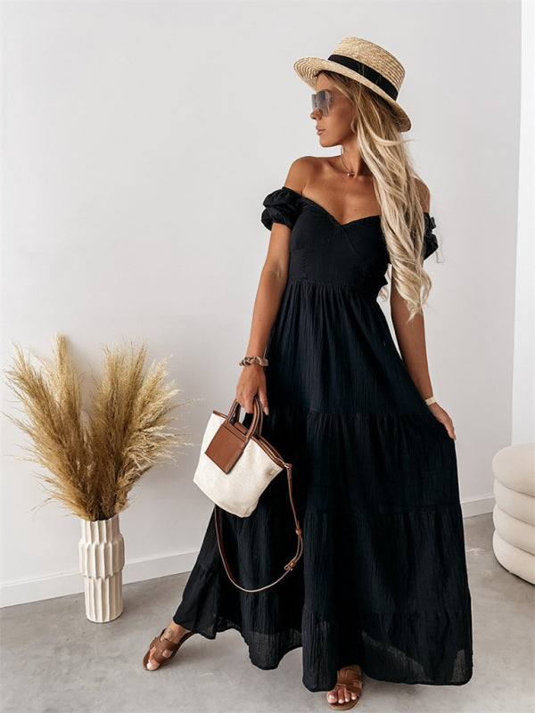 style short-sleeved off-the-shoulder solid color backless strappy commuter high-waisted dress kakaclo
