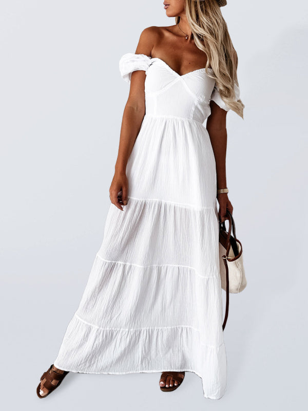 style short-sleeved off-the-shoulder solid color backless strappy commuter high-waisted dress kakaclo