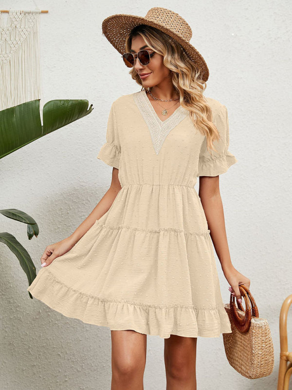 Women's Woven Chiffon Jacquard V-Neck Casual Dress kakaclo