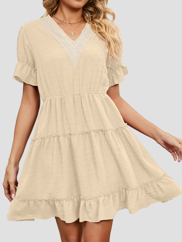Women's Woven Chiffon Jacquard V-Neck Casual Dress kakaclo
