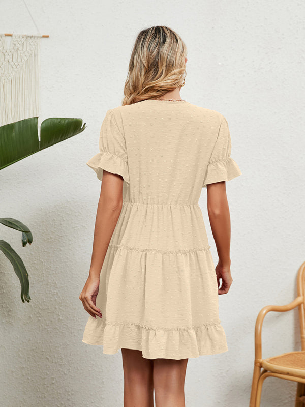 Women's Woven Chiffon Jacquard V-Neck Casual Dress kakaclo