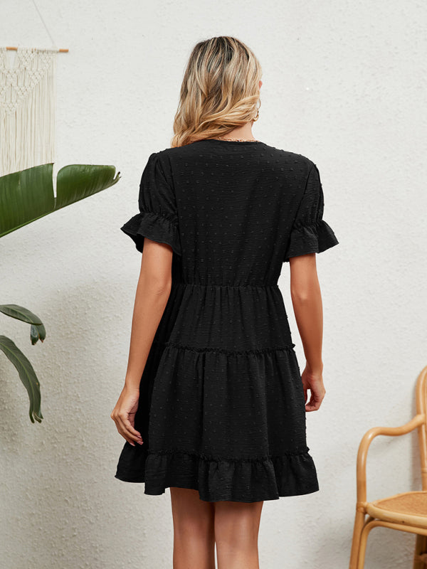Women's Woven Chiffon Jacquard V-Neck Casual Dress kakaclo