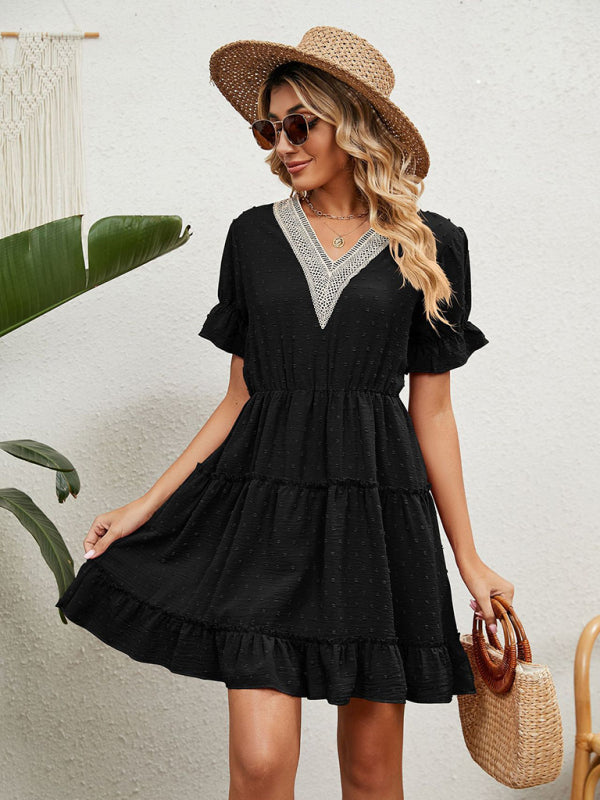 Women's Woven Chiffon Jacquard V-Neck Casual Dress kakaclo