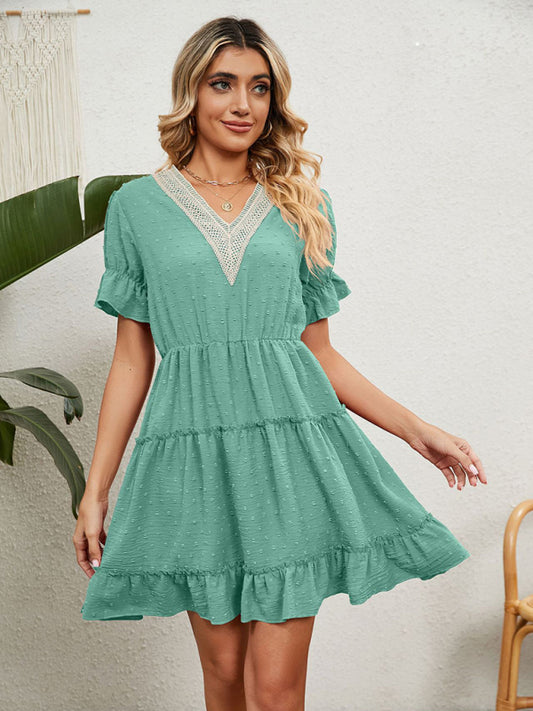 Women's Woven Chiffon Jacquard V-Neck Casual Dress kakaclo