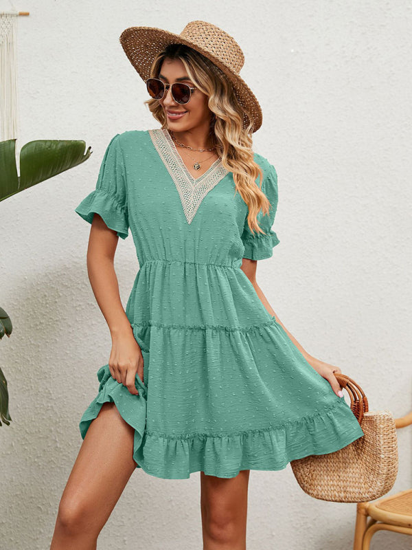 Women's Woven Chiffon Jacquard V-Neck Casual Dress kakaclo