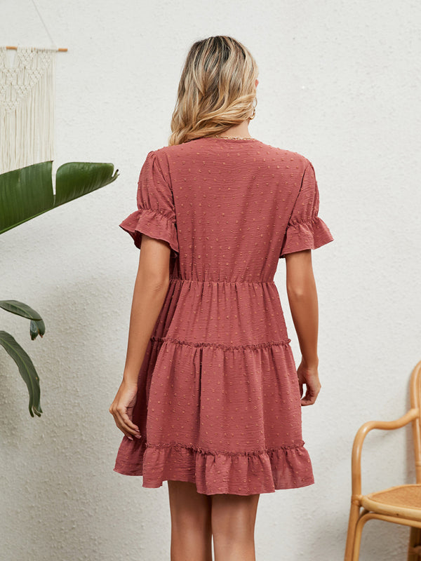 Women's Woven Chiffon Jacquard V-Neck Casual Dress kakaclo