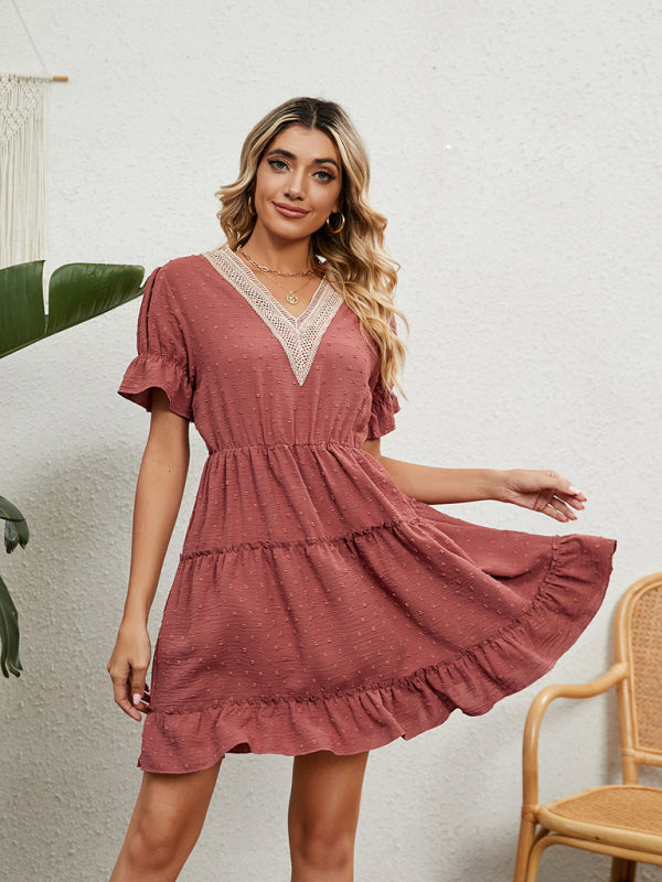 Women's Woven Chiffon Jacquard V-Neck Casual Dress kakaclo