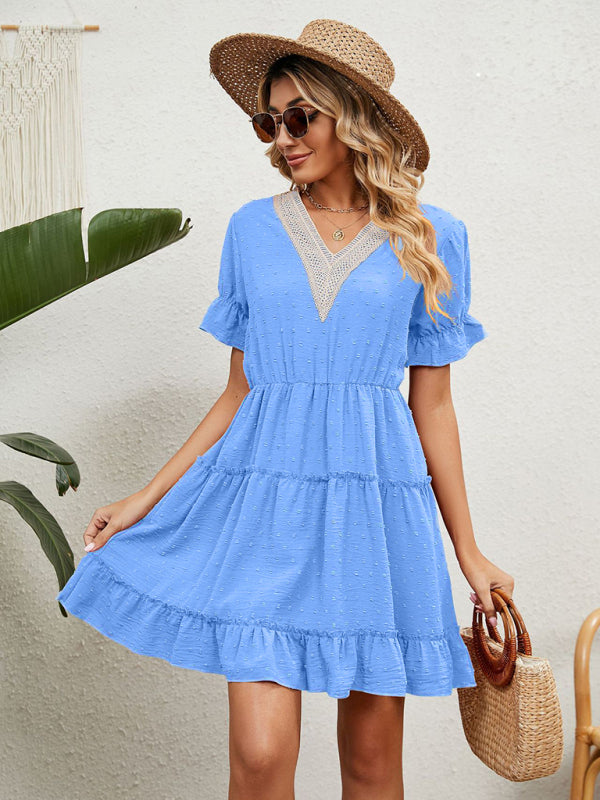 Women's Woven Chiffon Jacquard V-Neck Casual Dress kakaclo