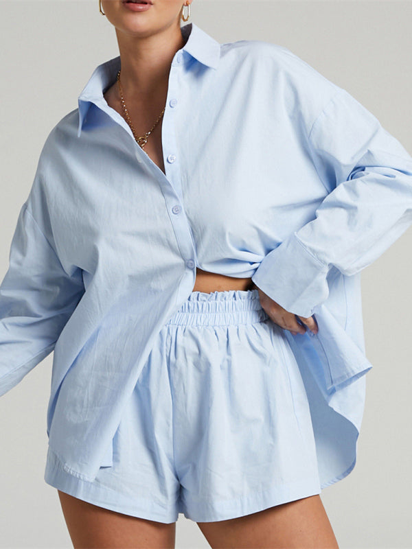 Blue Zone Planet |  Two-piece Solid Color Single Breasted Long Sleeve Lapel Shirt Shorts Loose Suit BLUE ZONE PLANET
