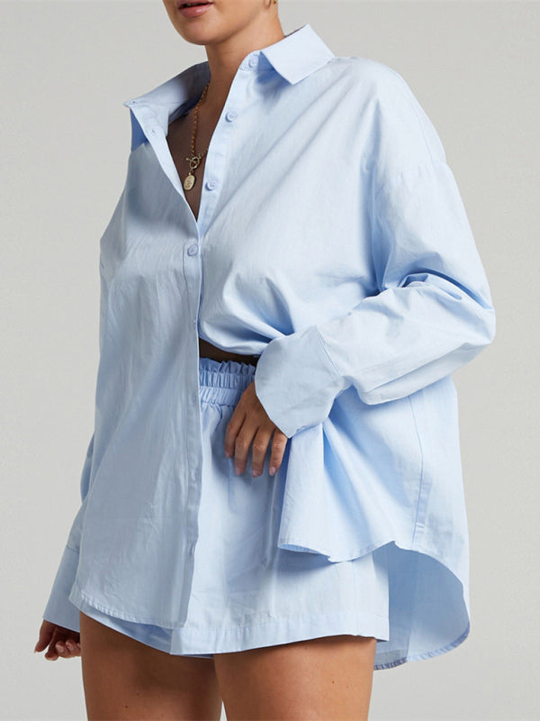 Blue Zone Planet |  Two-piece Solid Color Single Breasted Long Sleeve Lapel Shirt Shorts Loose Suit BLUE ZONE PLANET