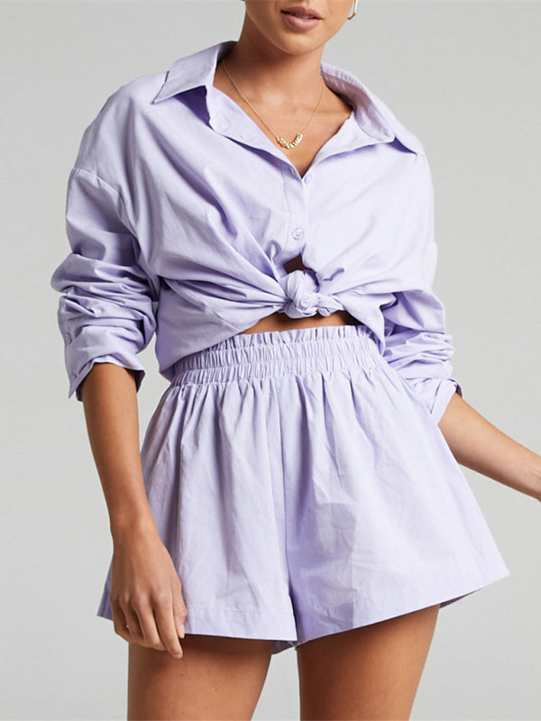 Blue Zone Planet |  Two-piece Solid Color Single Breasted Long Sleeve Lapel Shirt Shorts Loose Suit BLUE ZONE PLANET