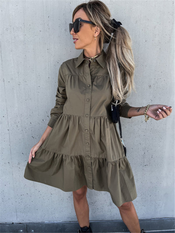 European and American women's solid color loose temperament shirt dress-TOPS / DRESSES-[Adult]-[Female]-2022 Online Blue Zone Planet