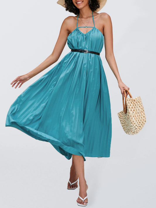 Summer solid color pleated waist halter neck dress BLUE ZONE PLANET
