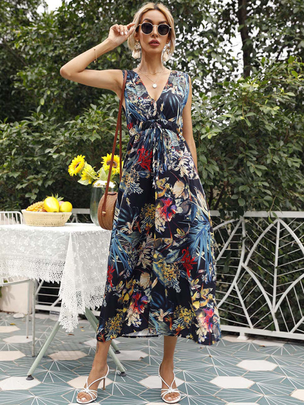 Printed waist single-breasted printed short-sleeved resort dress BLUE ZONE PLANET