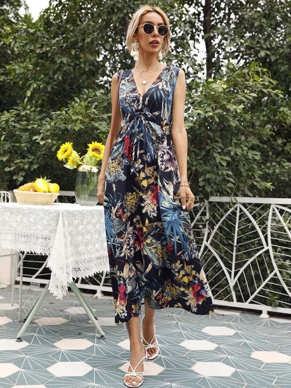 Printed waist single-breasted printed short-sleeved resort dress BLUE ZONE PLANET