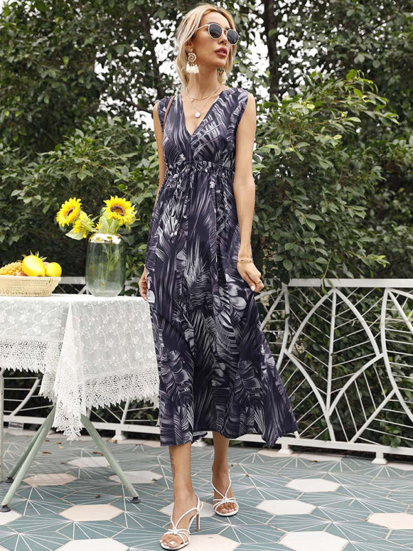 Printed waist single-breasted printed short-sleeved resort dress BLUE ZONE PLANET
