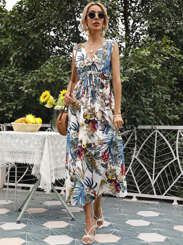 Printed waist single-breasted printed short-sleeved resort dress BLUE ZONE PLANET