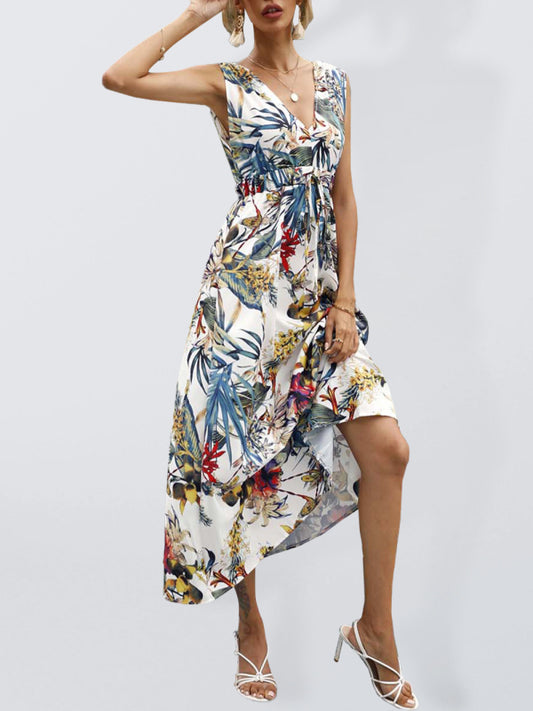 Printed waist single-breasted printed short-sleeved resort dress BLUE ZONE PLANET