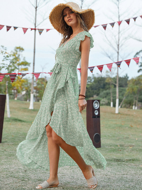 Blue Zone Planet |  Bohemian V-Neck Tie Slim Swing Print Dress BLUE ZONE PLANET